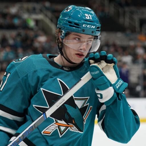 SAN JOSE, CA - APRIL 7:  against the Arizona Coyotes at SAP Center on April 7, 2024 in San Jose, California. (Photo by Kavin Mistry/NHLI via Getty Images)